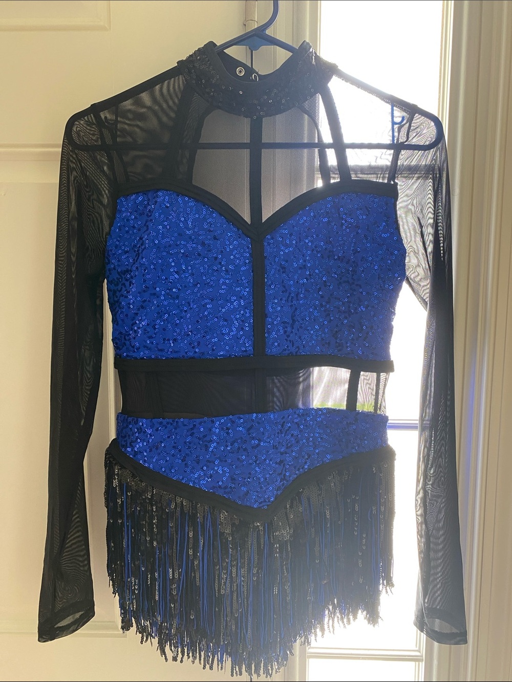 Weissman Royal Blue Sequin Fringe Dance Costume with Black Mesh